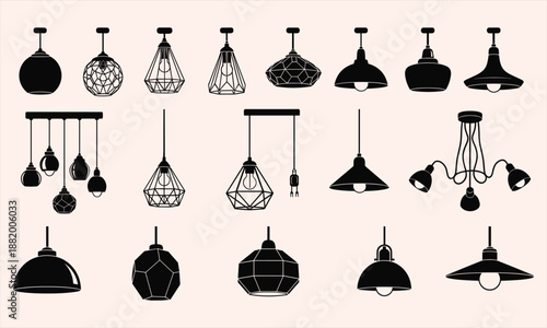 Pendant light silhouettes, modern ceiling lamp icons, interior lighting fixture collection, black vector illustration, home decor set, isolated background