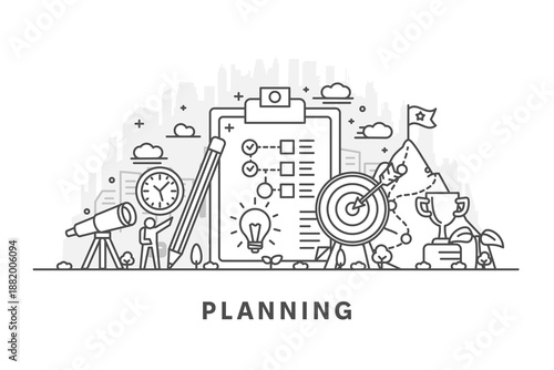 Abstract concept of planning, illustrating strategy, organization, and foresight with a modern, creative, and clear visual style. Editable stroke.