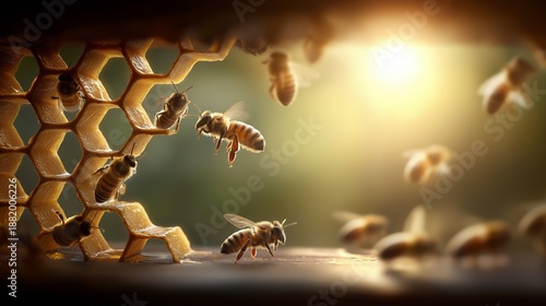 Busy bees working on honeycomb bathed in golden sunlight. Honeybees flying around hexagon honeycomb cells, producing honey with golden light © Aquir