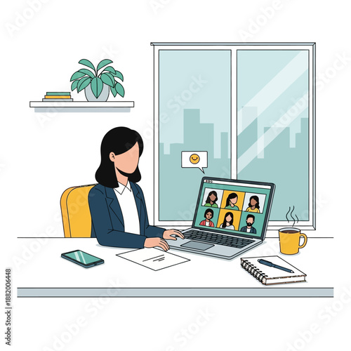 Woman working remotely on laptop with video conference call.