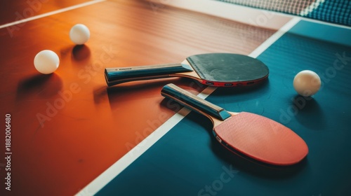 Two table tennis paddles on a colorful table with three white ping pong balls nearby. The scene captures a sports theme focused on table tennis.