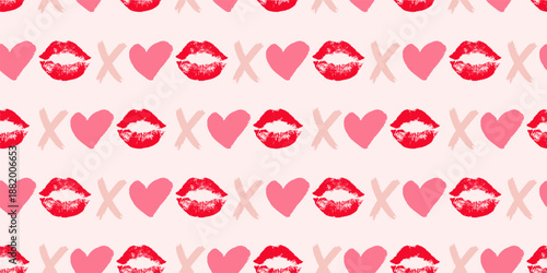 Pink seamless pattern with xoxo or lip prints, crosses, circles. Brush drawn geometric shapes or letters. Romantic and love motif with bold brush shapes. Seamless pattern for Valentine's day, wedding.