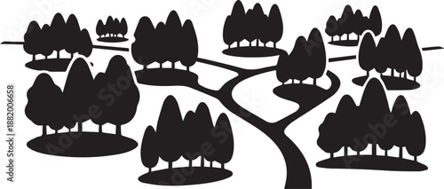 Park map with winding paths and tree silhouettes in garden vector illustration line art