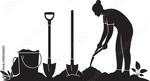 Woman digging soil with shovel, garden tools and bucket, vector silhouette illustration