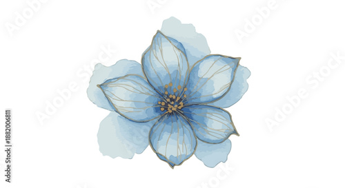 Vibrant Blue Watercolor Floral Illustration Featuring Delicate Golden Veins on Petals for Elegant Design Elements