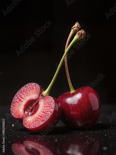 Halved cherries, deep red gloss, dark background, premium still life,Dark tones elevate luxury perception.
