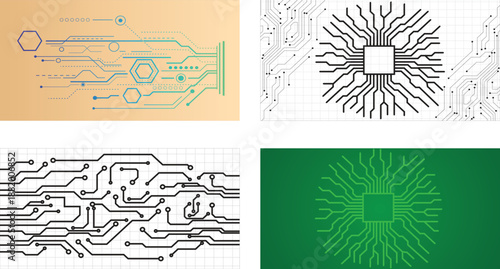 Tech Poster Set. Futuristic Digital Circuit Board Technology Background. 