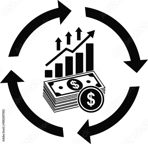Financial growth cycle illustration with money, coins, and rising chart arrows representing investment returns, profit increase, cash flow, and business success concepts