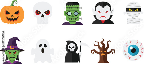 Halloween icon set with pumpkin, skull, monster, witch, ghost, vampire, mummy, and spooky elements for festive design and party graphics