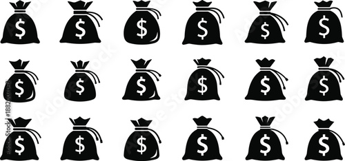 Money bag icon set with dollar symbols illustrating finance, savings, profit, wealth, investment concepts for business, banking, and economy designs