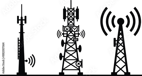 Telecommunication tower silhouettes with antennas and signal waves illustrating wireless communication networks, broadcasting technology, and modern connectivity infrastructure concepts