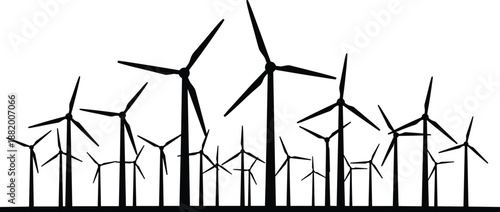 Wind turbine farm silhouette illustrating renewable energy, clean power generation, sustainable electricity production, and eco friendly environmental technology concepts