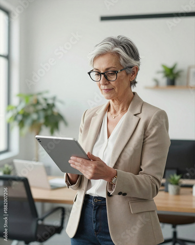 Senior Woman Business Owner 60s Tablet Digital Transformation Modern Entrepreneur