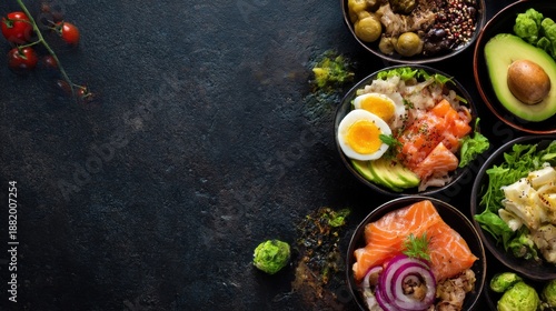 Assortment of healthy food dishes. Top view. Free space for your text. 