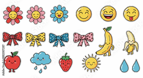 Collection of Cute and Cheerful Cartoon Stickers Featuring Flowers, Emojis, Bows, Fruits, and Weather Elements with Happy Faces