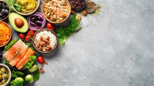 Assortment of healthy food dishes. Top view. Free space for your text. 