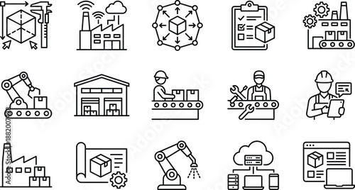 Smart Manufacturing and Industry Four Point Zero Line Icon Set Featuring Robotic Arm Factory Warehouse Engineer Cloud Computing Logistics Production and Automation Technical Engineering