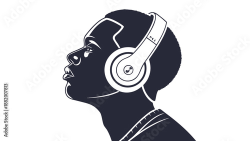 Close up of a woman wearing white headphones and looking up