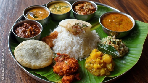 Authentic South Indian full meals --ar 16:9 --raw --v 7 --draft Job ID: edba6896-81c8-499a-aa2f-bb9d691d4201