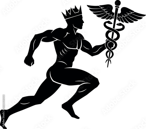 Black silhouette of muscular male runner wearing crown and carrying caduceus medical symbol representing speed healthcare leadership and divine messenger