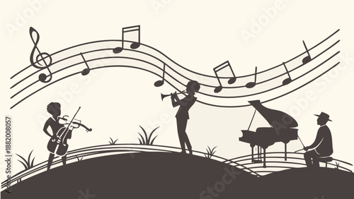 Musicians playing instruments on hill with musical notes