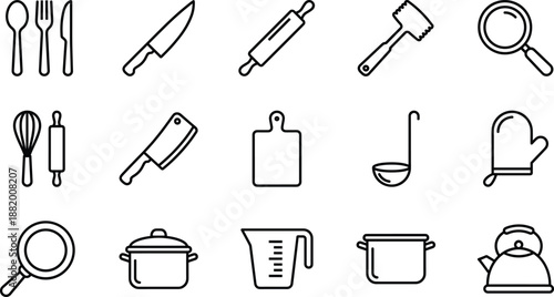 Collection of black line icons representing professional kitchen utensils including knife rolling pin pan pot whisk ladle and kettle isolated on white background