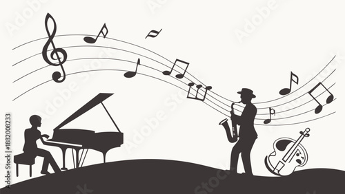 Musicians playing piano and saxophone with flowing musical notes