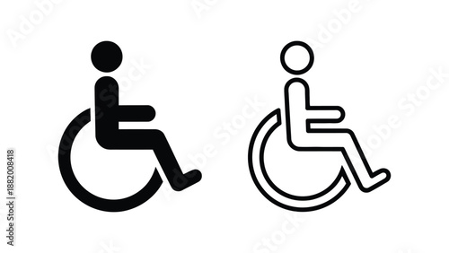 wheelchair accessibility icon set in solid and outline styles representing disability access, mobility support and inclusive design symbols