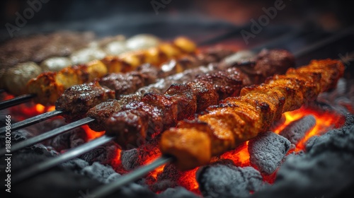 Assortment of Grilled kebab skewers on a background of hot coals. Barbecue, cooking meat on fire. 