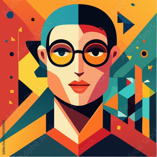 Portrait de femme géométrique stylisé en couleurs vives, original et créatif