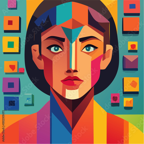 Portrait de femme géométrique stylisé en couleurs vives, original et créatif