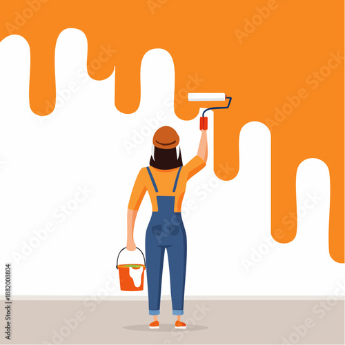 Personne peignant un mur orange avec un rouleau