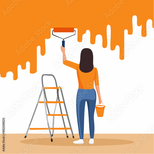 Personne peignant un mur orange avec un rouleau, escabeau