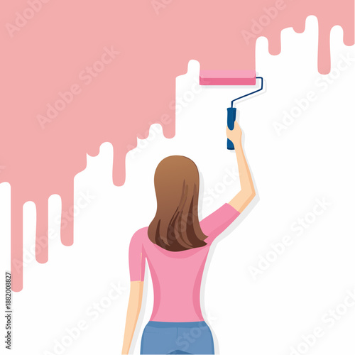 Personne peignant un mur rose avec un rouleau, décoration