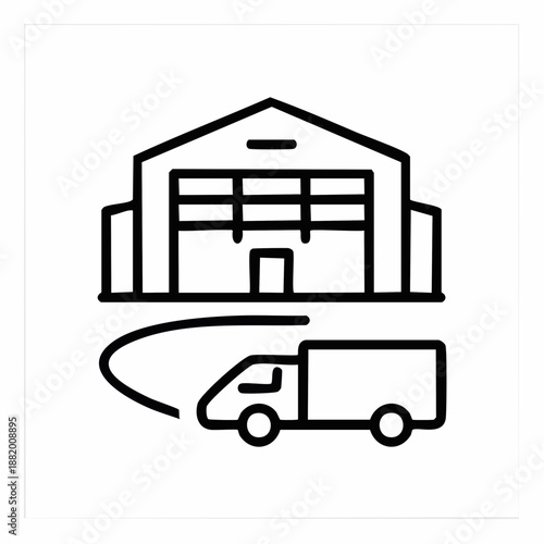 Icône entrepôt et camion de livraison en ligne noire