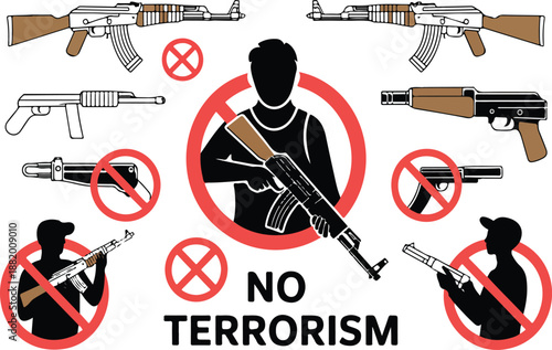 Stop Terrorism Outline Icon Set Peace, Safety, and Awareness Symbols