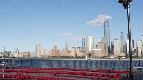 Wallpaper Mural New York City Manhattan downtown financial district skyline, New Jersey Exchange Place, United States. Urban cityscape with skyscraper buildings, World Trade Center. J Owen Grundy park, Paulus Hook. Torontodigital.ca
