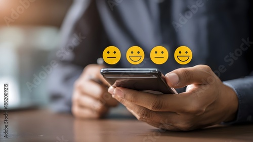 Customer giving star rating and feedback on a mobile app. Concept: Customer satisfaction, feedback, service quality measurement, online reviews, and business reputation management.
