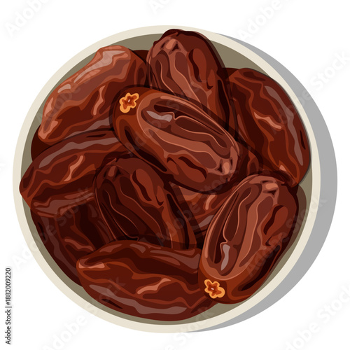 Dried Dates Palm Fruit in a Bowl Top View Vector Illustration for Ramadan Iftar and Healthy Snacking