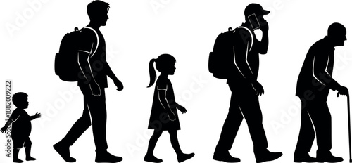 Evolution of Life Cycle Silhouettes Showing Aging Process From Toddler and Youth to Adult and Senior Man With Walking Cane