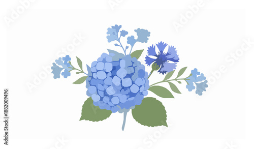 Blue garden flowers vintage botanical bouquet vector illustration in classic watercolor painting style