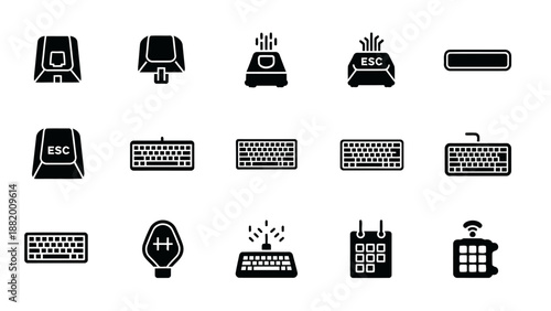 A clean and modern set of black keyboard-related icons displayed in a structured grid layout. The collection includes mechanical key switches, ESC keys, spacebar, full keyboards, numeric keypad