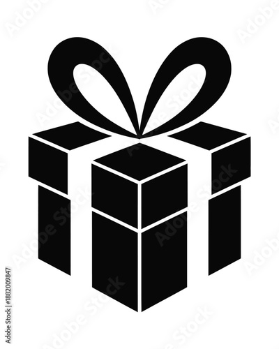 Black and white illustration of a gift box with a ribbon tied in a bow, symbolizing celebration and giving