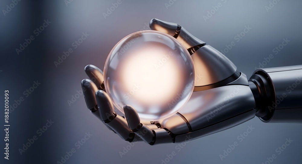 Fototapeta premium Robotic hand gently holding a glowing crystal sphere.