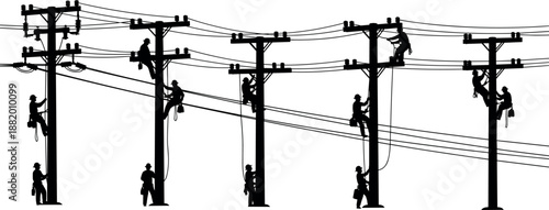 Silhouette Illustration of Utility Linemen Working on Electric Power Poles Repairing High Voltage Cables and Infrastructure for Energy Network Services
