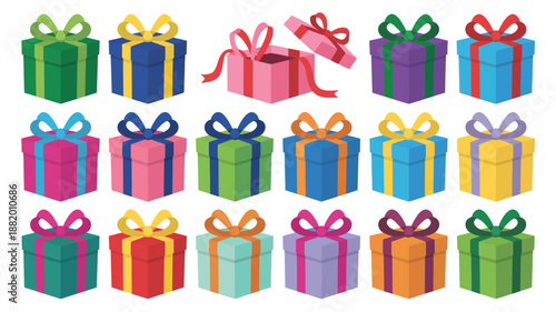 Vibrant collection of colorful gift boxes with bows and ribbons, perfect for celebrations and special occasions, vector illustration