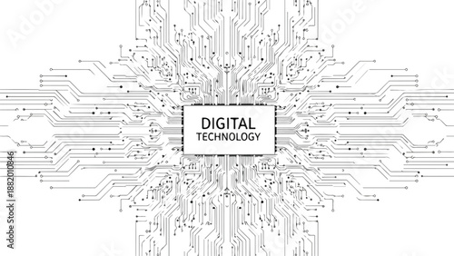Futuristic digital technology concept background with abstract circuit board pattern, representing data flow, AI, network connections, and innovation in computer science.