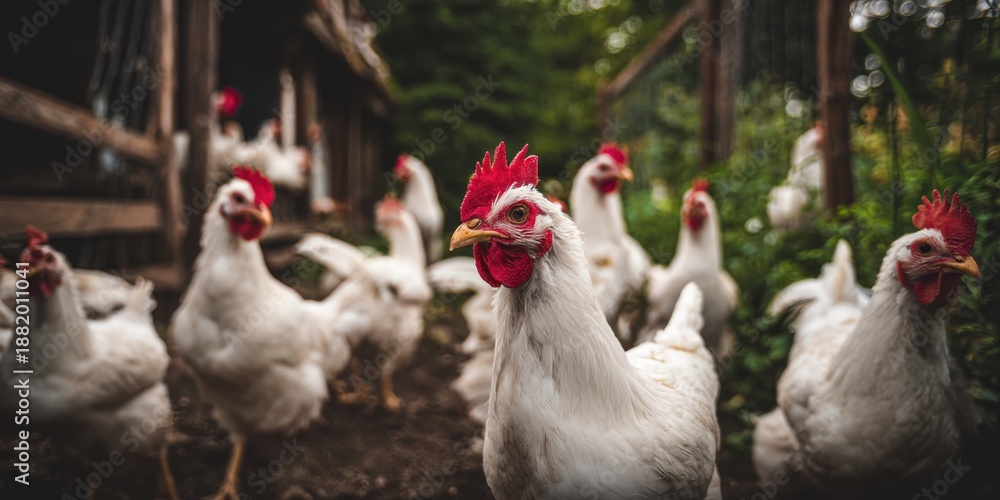 Fototapeta premium The White Hen Flock Gathering on a Rustic Farmyard Path in Soft Morning Light