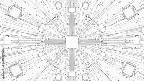 Abstract futuristic digital tunnel or portal with glowing lines and square shapes, representing technology and data flow