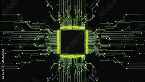 Abstract glowing green circuit board lines and connections radiating from a central square on a black background